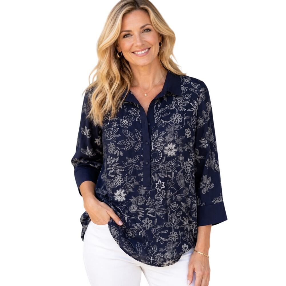 Gretchen Scott Embroidered Tunic Womens Small Blue White Floral Cotton Top